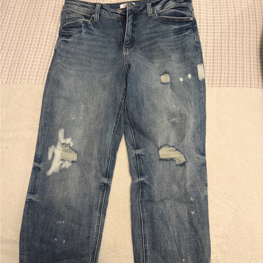 Mom Co Boutique Distressed Mid Wash Blue Denim Jeans